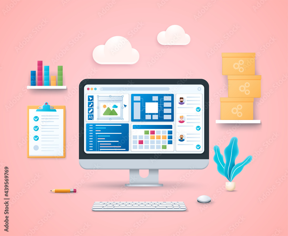 Poster product engineering design template. process of innovating, designing, developing, testing and deplo