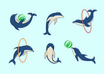 Set of cartoon dolphins in different poses, vector illustration of marine animals. Painted dolphins swim and players in dolphinarium.