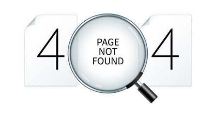 Page not found design template. Error 404 webpage banner, search result message. Image of two blank pages and a magnifying glass. Web vector illustrations in 3D style