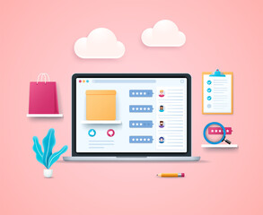 Product review design template. Comments from users reviewing the product on a laptop screen. Computer with box. Web vector illustrations in 3D style