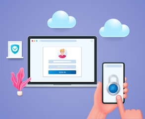 Multi factor authentication concept. Two steps authentication methodology. Hand holds smartphone, finger touches lock on screen. Laptop with open login page on the screen. Web vector illustration in 3