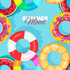 Lifebuoy seamless pattern. Summer banner concept. Pool party. Blue background with shadows under water. Vector illustration.