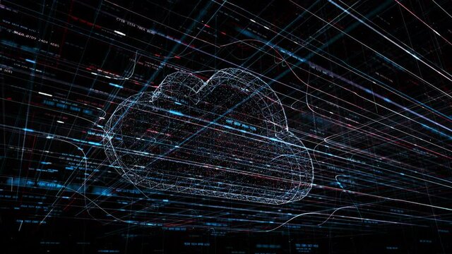 Cloud technology and cloud computing symbol, random moving hash codes and others elements which creating abstract 3D animation of information technology