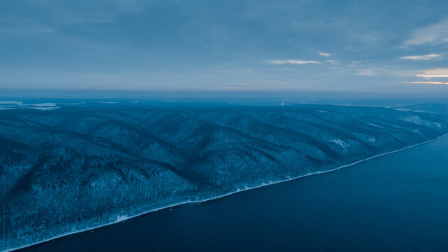 Volga river in the evening, drone winter landscape