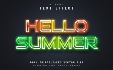 Hello summer text, editable text effect neon style