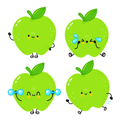 Funny cute happy apple characters bundle set. Vector kawaii line cartoon style illustration. Cute planet apple mascot character collection