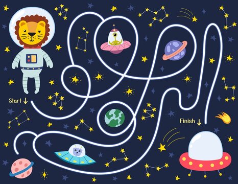 Help a cute lion astronaut find a way to the flying saucer. Space maze puzzle for kids. Activity page with funny space character.  Mini game for school and preschool. Vector illustration