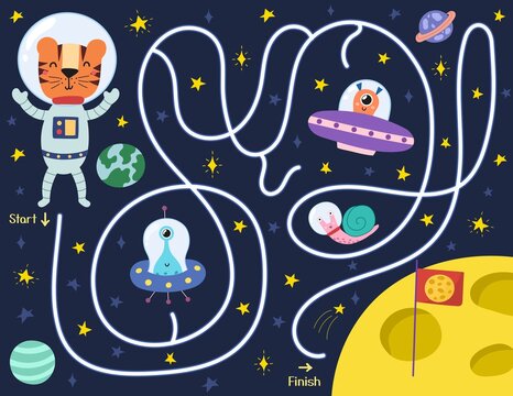 Help a cute tiger find a way to the Moon. Space maze puzzle for kids. Activity page with funny space character.  Mini game for school and preschool. Vector illustration