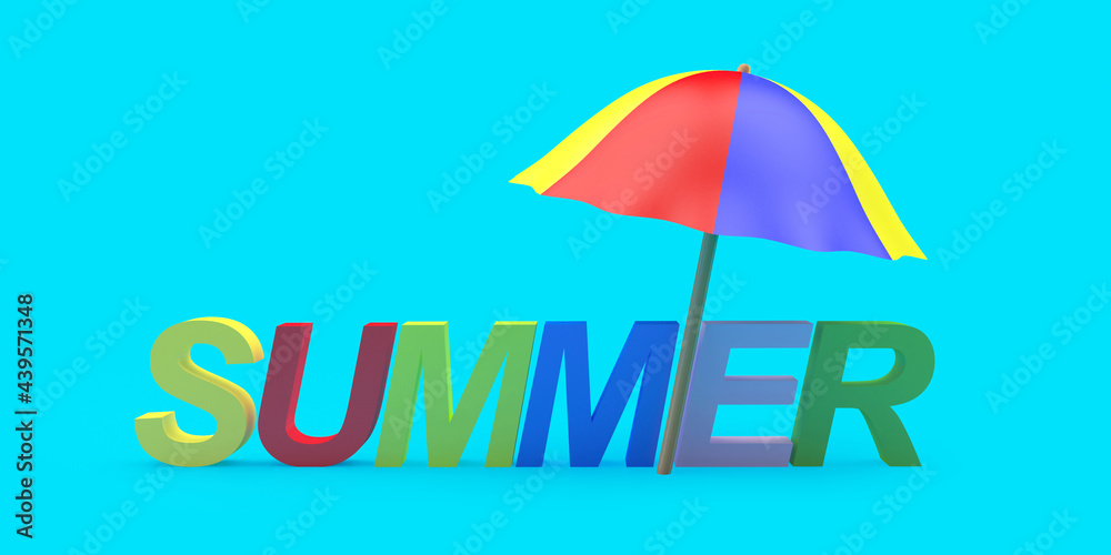 Sticker Colorful text Summer with a beach umbrella on blue. 3d illustration 