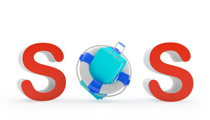 Sos sign with lifebuoy and travel suitcase. 3d illustration 