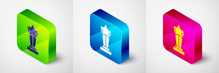 Isometric Award cup icon isolated on grey background. Winner trophy symbol. Championship or competition trophy. Sports achievement sign. Square button. Vector