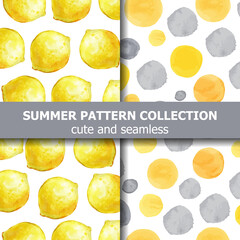 Summer pattern collection with watercolor lemons and dots. Summer banner.