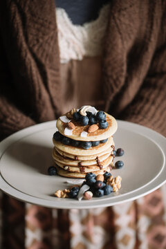 Anonymous Woman Holding Homemade Organic Pancakes 