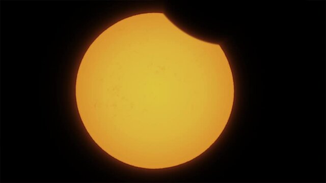 Time lapse of partial solar eclipse. The moon mostly covers the visible sun. Natural phenomenon of near full sun eclipse. Moon cast shadows covering sun. International space station ISS transition.