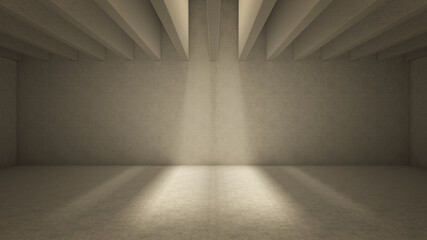 Light shine through ceiling balks casting shadows. Beige concrete interior 3d render illustration