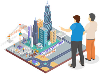 Construction project management, architecture planning, architectural design accessories in workplace. City mockup with tall buildings and skyscrapers. People look at layout of future modern city