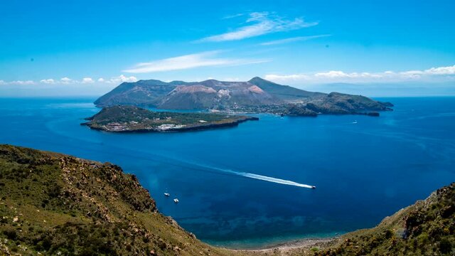 The Island of Vulcano seen from Lipari, Aeolian islands, Sicily, Italy, Time Lapse, 4k
