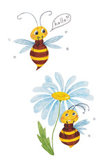 Two small bees playing hide-and-seek. Watercolour illustration 