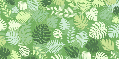 Naklejka na ściany i meble Background with exotic jungle plants. Tropical palm leaves. Rainforest illustration in green colors.