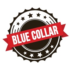 BLUE COLLAR text on red brown ribbon stamp.