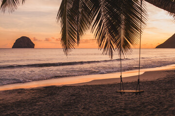  sunset on the beach in Caribbean sea, silhouette of palm tree with rope swing