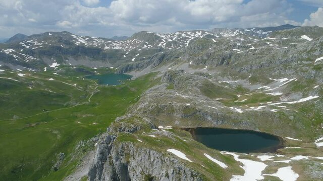 Kapetanovo and Manito lakes in Montenegro in the spring, aerial view