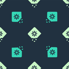 Green and beige Pack full of seeds of a specific plant icon isolated seamless pattern on blue background. Vector