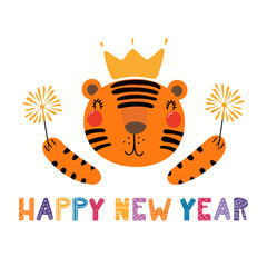 Cute funny cartoon tiger in crown, with sparklers, quote Happy New Year, isolated on white. Hand drawn vector illustration. Scandinavian style flat design. Concept for kids holiday card, print, poster