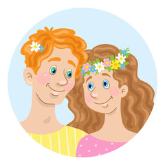 Avatar icon of a young happy contemporary couple. Man and woman in a wreath of flowers. In cartoon style. In the blue circle. Isolated on white background. Vector flat illustration