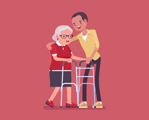 Senior people social support, older adult care and rehabilitation. Male volunteer nursing walker old woman, family love, retirement home treatment or assistance. Vector flat style cartoon illustration