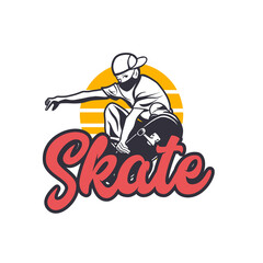 logo design skate with man playing skateboard vintage illustration