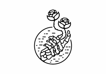 Black line art illustration of skeleton hand with rose