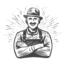 Happy farmer in hat with crossed arms drawn in sketch style. Farm, agriculture concept. Vintage vector illustration - obrazy, fototapety, plakaty
