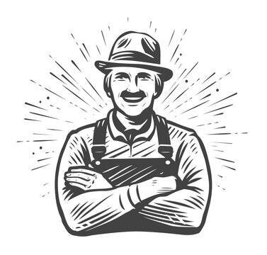 Happy farmer in hat with crossed arms drawn in sketch style. Farm, agriculture concept. Vintage vector illustration