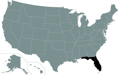 Black highlighted location map of the US Federal State of Florida inside gray map of the United States of America