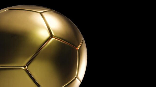 Closeup of golden soccer ball with alpha channel. Perfect as football related award or trophy background. Isolated seamless loop 3d animation in prores 4444.