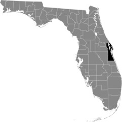 Black highlighted location map of the US Brevard county inside gray map of the Federal State of Florida, USA