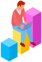 Visualize with business analytics. People work with statistical data analysis, changing indicators. Employees analyze statistical indicators, business data. Characters work with marketing research