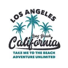 Fototapeta na wymiar t shirt design los angeles long beach california take me to the beach adventure unlimited with silhouette palm tree flat illustration