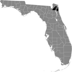 Black highlighted location map of the US Duval county inside gray map of the Federal State of Florida, USA