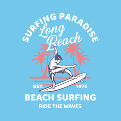 t shirt design surfing paradise long beach est 1975 beach surfing ride the waves with man surfing and silhouette palm tree background vintage illustration