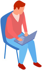 Man in casual outfit sitting on comfortable chair and browsing or working on laptop at his laps. Male character types on keyboard with computer, works remotely. Person is freelancing on laptop
