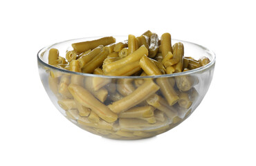 Canned green beans in bowl isolated on white