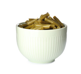 Canned green beans in bowl isolated on white