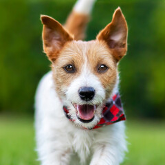 Happy funny smiling laughing cute pet dog puppy panting and listening ears in summer. Square view.