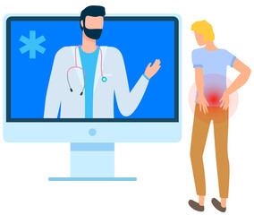 Man with pain in back on online consultation with doctor. Medical specialist consults patient with mobile app. Guy suffering from backache. Person complains to doctor about painful sensations in joint