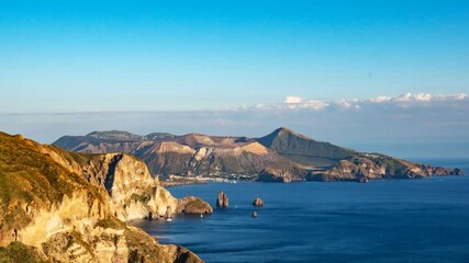 The Island of Vulcano seen from Lipari, Aeolian islands, Sicily, Italy, Time Lapse, 4k
