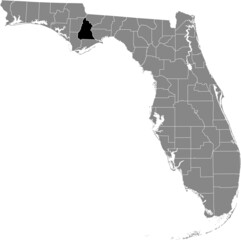 Black highlighted location map of the US Liberty county inside gray map of the Federal State of Florida, USA