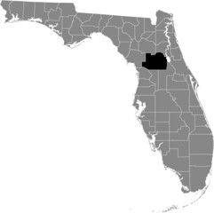 Black highlighted location map of the US Marion county inside gray map of the Federal State of Florida, USA