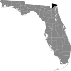 Black highlighted location map of the US Nassau county inside gray map of the Federal State of Florida, USA